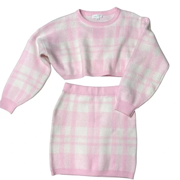 Mable Anthropologie Pink Plaid Sweater Skirt Set Cropped Preppy Chic Size Small - Picture 4 of 6